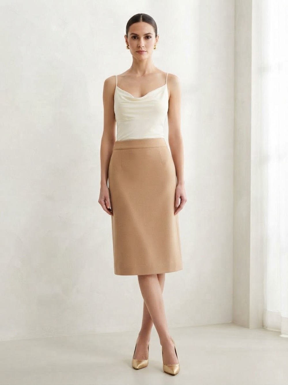 Tahari Cream Cowl Neck Chemise with Camel Slip